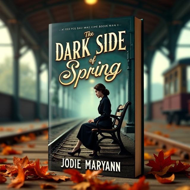 The cover features a vintage train station backdrop, with autumn leaves scattered on the ground. In the foreground, a woman with dark brown hair and wearing a 1950s attire is sitting on a bench, looking lost and anxious. The image is taken from a distance, creating a sense of mystery and anticipation.