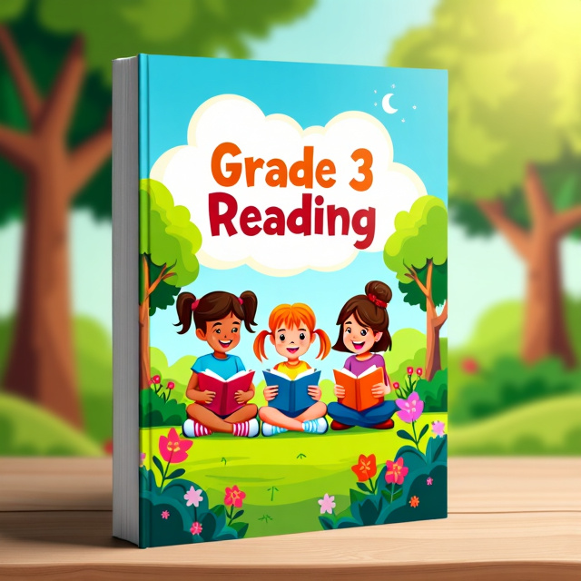 A vibrant and colorful illustration of children happily reading books in a park, with trees, flowers, and a sunny sky in the background.
