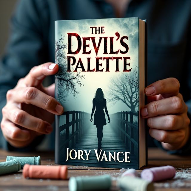 The cover features a woman standing on a bridge, viewed from behind at a distance. The scene has a dark and eerie atmosphere, with subtle hints of fear and reluctance. On the left side of the camera, a man's hand is seen, his fingers covered in chalk pastels.