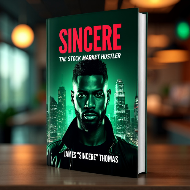 The cover features a close-up image of Sincere, the protagonist, looking determined and focused. Behind him, there is a cityscape with tall buildings, symbolizing the financial world. The image is in black and white, except for the green neon lights illuminating Sincere's face and reflecting in his eyes. The title, "Sincere The Stock Market Hustler," is displayed in bold red letters across the top of the cover.