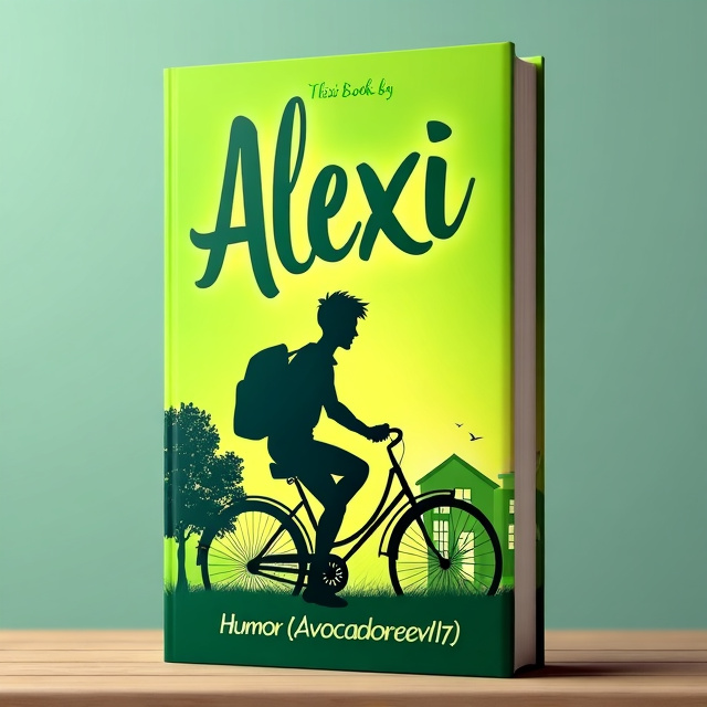 The cover features a vibrant green background with a silhouette of a person riding a vintage bicycle. The person is depicted with a joyful expression, capturing the humor aspect of the book. A tree and a school building are also subtly included in the background, symbolizing the different settings in the story.