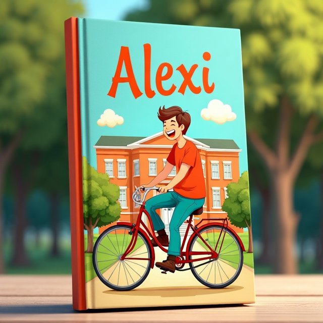 The cover features a man riding a vintage bicycle, laughing joyfully. In the background, there is a school building surrounded by trees. The overall style is cheerful and whimsical, with vibrant colors and playful illustrations.