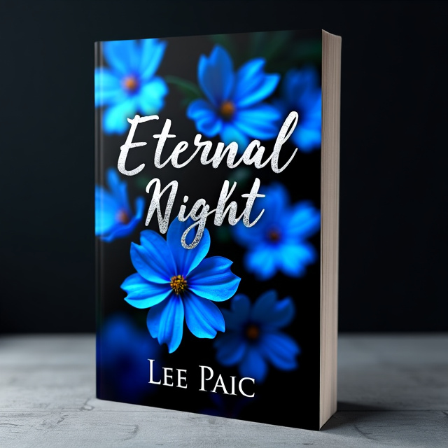 The cover features a close-up image of bright blue flowers against a black background. The flowers are arranged in a playful, cascading manner, with some petals slightly overlapping. The contrast between the vibrant blue and the dark black creates a sense of mystery and desire.