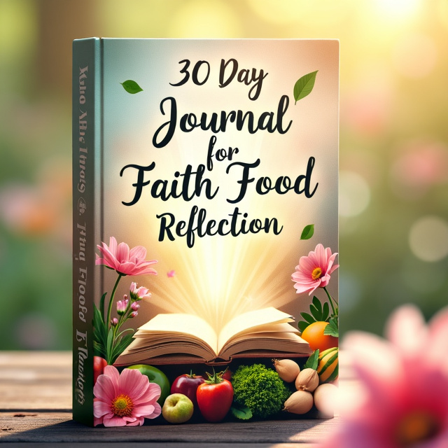The cover features a soft and ethereal background with a blend of pastel colors, depicting a garden filled with blooming flowers. In the center, there is an open journal with rays of light emanating from its pages, symbolizing enlightenment and reflection. Surrounding the journal are illustrations of various fruits and vegetables, representing the theme of food and fasting.