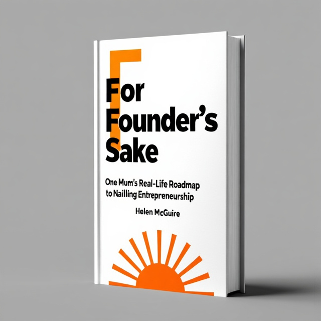 The cover features a clean and minimalist design with a white background. The title "For Founder's Sake" is prominently displayed in bold black font, with the first letter "F" highlighted in bright rich orange to create visual interest. The tagline "One Mum's Real-Life Roadmap to Nailing Entrepreneurship" is placed beneath the title in a smaller font. At the bottom of the cover, there is a graphic interpretation of a rising sun in bright orange, representing optimism and empowerment.