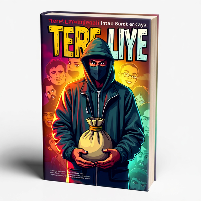 The cover features a bold and captivating illustration of a bandit with a mask, holding a bag of money, surrounded by a mix of emotions - joy, sadness, anger, fear, love, amazement, and confusion. The title "tere liye bandit bandit berkelas" is written in a stylish and eye-catching font, with the author's name "tere liye" displayed prominently. The background is a gradient of vibrant colors that create an energetic and dynamic atmosphere.