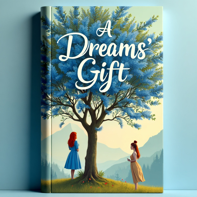 A full-sized lemon tree with blue blossoms takes up the background. In the foreground, there is a red-haired woman standing next to the tree, looking mesmerized. On the other side of the tree, there is a woman with a tight bun, also captivated by the tree's beauty. The overall style is dreamy and ethereal, with soft colors and a sense of wonder.