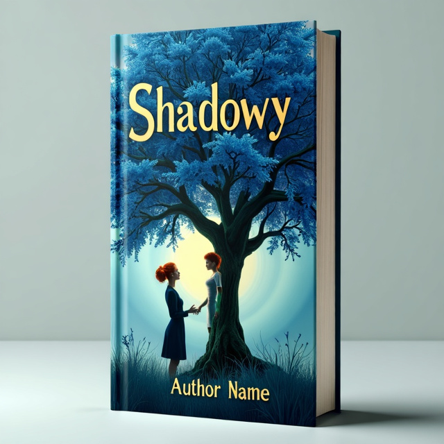 The cover features a big lemon tree with blue blossoms as the central focus. Inside the tree, there is a red-haired woman, mesmerized by the enchanting surroundings. In front of the tree, there is a woman with a tight bun, reaching out to touch hands with the woman inside the tree.