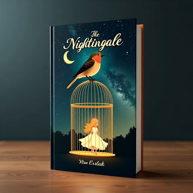 The cover features a vintage-style illustration of a nightingale, perched on a delicate birdcage. Inside the cage, a young girl in a flowing dress is seen, surrounded by a golden glow. The background depicts a starry night sky, with the Milky Way stretching across it.