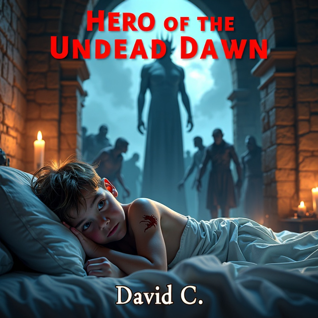 The cover depicts a young boy with tousled hair lying in a bed, surrounded by a dimly lit stone room. The room is adorned with flickering candles and a hint of magical elements in the air. The boy's pale hands and a small crimson dragon mark on his shoulder are highlighted. In the background, the silhouette of a towering demon lord looms, while zombies lurk in the shadows. The overall style is dark and mysterious, with a touch of fantasy.