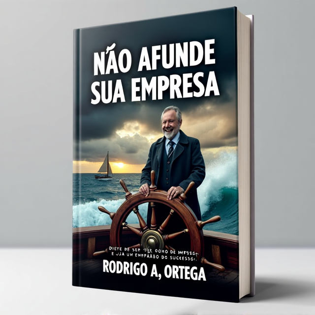 The cover features a dramatic composition with a mature man standing at the helm of a wooden ship, dressed in a formal dark overcoat and tie, gripping the ship's wheel with determination. The scene is set on a stormy sea with massive waves crashing in the background, as dark clouds swirl overhead. The lighting is soft and diffused, casting dramatic shadows, while the colors are muted, evoking a sense of adventure and resilience. The background showcases the untamed ocean and a hint of sunset glow behind the clouds.