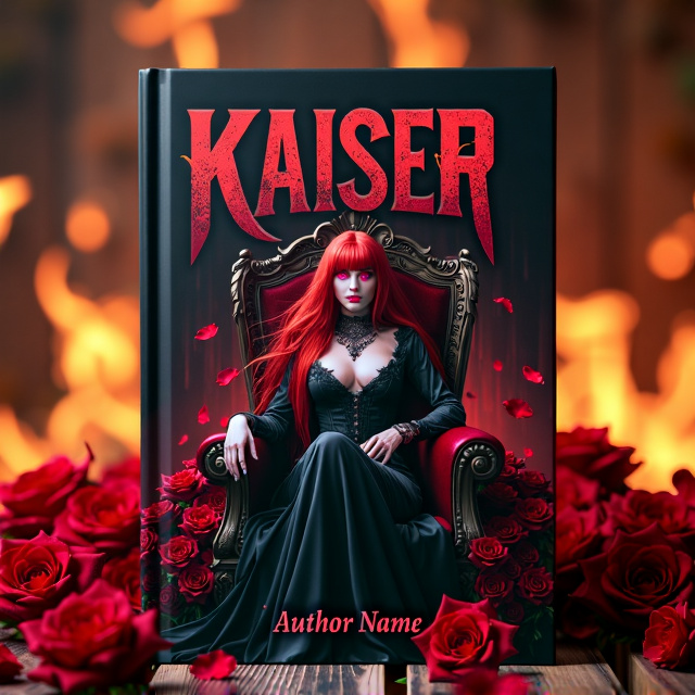 The cover features Kaiser, a character with long red hair, bangs, and red eyes, sitting on a throne. Embracing Kaiser is a lady representing death. The background is adorned with roses, engulfed in fiery flames.