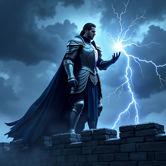 The main character, Jax, is positioned slightly to the right, standing atop the stone city wall. He is dressed in full armor with intricate designs, reflecting elegance and strength. His left hand is raised, with sparks of lightning crackling at his fingertips. The city wall stretches horizontally across the bottom third of the cover, with crenellations visible. The foreground and middle ground lead the eye towards the horizon. The background consists of a stormy sky with dark, swirling clouds and intermittent lightning bolts. Light rain or mist is suggested in the background, adding movement. Faint outlines or symbols representing the five kingdoms are subtly integrated into the storm clouds or along the edges of the cover.