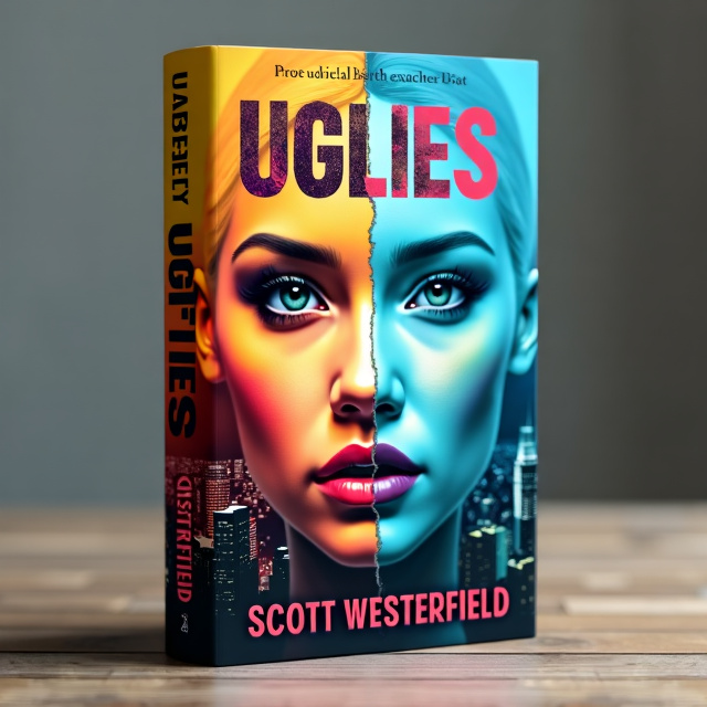 The cover features a divided cityscape in the background, symbolizing the divided society within the book. In the foreground, there is an image of a beautiful face that is partially distorted, representing the theme of plastic surgery and the concept of beauty. The colors used are a combination of vibrant and muted tones, creating a contrast between the two sides of the city.