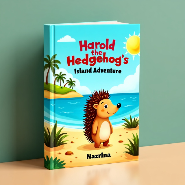 The cover features a vibrant and playful illustration of Harold, the hedgehog, standing on a sandy beach with a backdrop of a lush island, palm trees, and a shining sun. Harold is depicted with a round body and soft, spiky quills, looking out curiously at the vast sea.