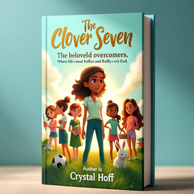 A central illustration of Betsy, the main character, standing tall with a determined look on her face. Surrounding her are the other members of the Clover Seven, each depicted with their own unique element - Dawn with a soccer ball, Lollie with a cupcake, Sarah with fashion accessories, Sandy with a paintbrush, Cleo with a bunny, and Emily with books. The background is a blend of light blue and gold, symbolizing hope and triumph.