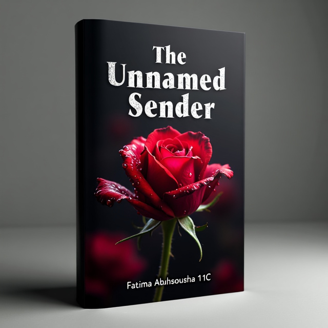 The cover features a close-up image of a single red rose, slightly wilted, with drops of water falling from its petals. Behind the rose, there is a shadowy figure, partially hidden, representing the unnamed sender. The overall visual style is dark and mysterious, with a gradient background transitioning from deep black to dark crimson.