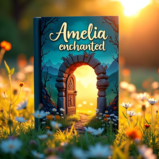 The cover features a meadow bathed in the warm golden light of the setting sun, with wildflowers scattered across the scene. In the center of the meadow, a rock door stands out, with mysterious and intricate carvings on its surface. The overall style is vibrant and enchanting, capturing the mystery, excitement, and adventure of the fantasy genre.