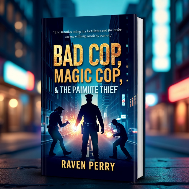 A cityscape at night with buildings lit up, casting long shadows. In the foreground, a silhouette of a police officer in action, with sparks of magical energy emanating from their hands. In the background, a shadowy figure sneaking away with a glowing gem.