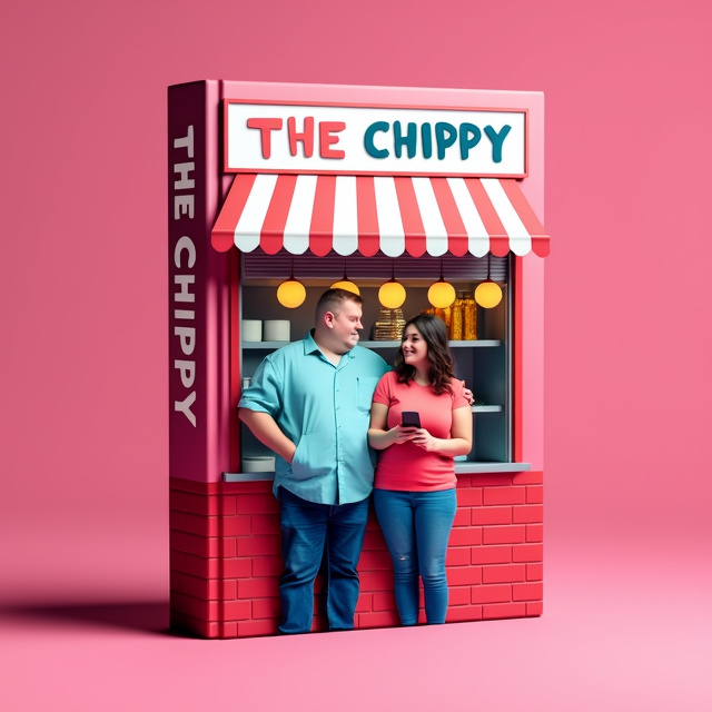 The cover will feature a vibrant and eye-catching image of a chip shop in Newcastle, with the main focus on a fat man and a woman standing together, conveying a sense of love and romance. The image will be set against a pink background to represent the LGBTQ+ genre.