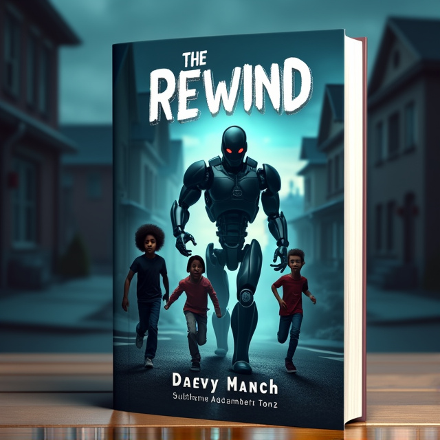 The cover features a dark and ominous neighborhood as the background, with two scared-looking white kids running away in the foreground. There is a futuristic robot chasing them, creating a sense of danger and urgency. Behind the robot, a confident-looking black kid is seen, with an evil smirk on his face. The overall style is a combination of realistic and sci-fi elements, with a focus on creating a suspenseful atmosphere.