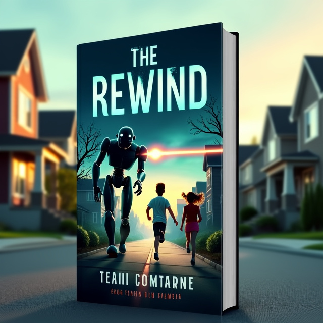 The cover features a neighborhood street with houses on either side. In the foreground, two kids are shown running away from a menacing robot, which is shooting a laser beam out of its hand. Behind the robot, another kid can be seen laughing. The overall visual style is dark and intense, with the robot and laser beam creating a sense of danger.
