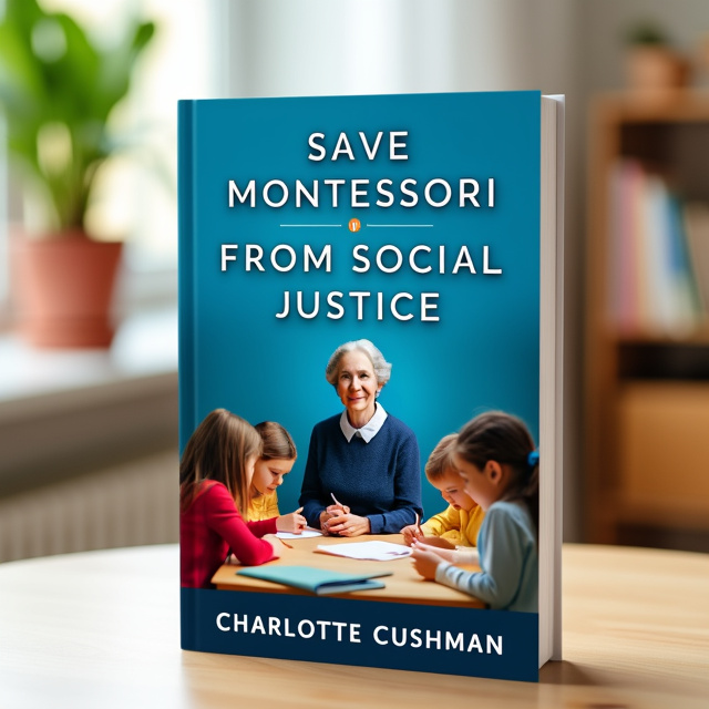 The cover features a striking image of Maria Montessori at the center, surrounded by a Montessori classroom filled with children engaged in various activities. The image is set against a blue background, symbolizing trust, stability, and intelligence.