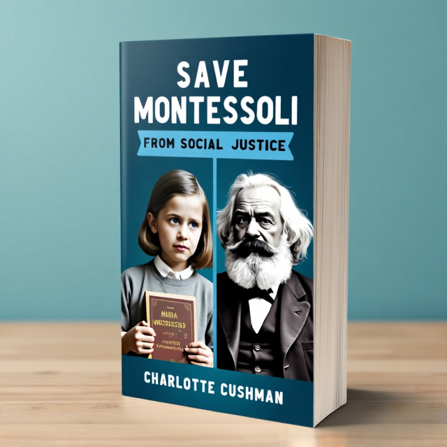 The cover features a split design with Maria Montessori on one side and Karl Marx on the other. Montessori is shown with a concerned expression and holding educational materials, while Marx is portrayed with a stern expression and holding a copy of his book "Das Kapital". The background is a gradient of blue, symbolizing the clash between education and politics.