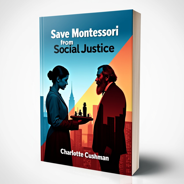 The cover design features a split-screen layout. On the left side, there is an image of Maria Montessori, dressed in her iconic attire, holding a Montessori teaching material. On the right side, there is a silhouette representation of Karl Marx, symbolizing the conflict between Montessori's educational philosophy and Marx's ideology. The background is divided diagonally, with the upper half showcasing a blue sky and the lower half depicting an urban cityscape, representing the clash between traditional education and the influence of social justice.