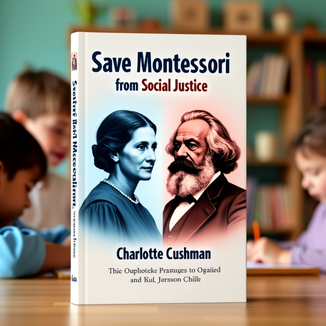 A split-screen layout with Maria Montessori on one side and Karl Marx on the other side. In the background, a Montessori classroom with children engrossed in their activities.
