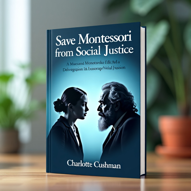 The cover features a central image of Maria Montessori and Karl Marx in conflict, facing each other. Montessori is depicted using an actual photograph, while Marx is represented symbolically, perhaps through an illustration or silhouette. The background is predominantly blue, representing the genre of education and politics.