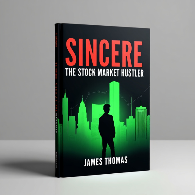 The cover features a silhouette of a young man standing against a backdrop of a city skyline, symbolizing ambition and urban life. The silhouette is filled with a vibrant green color, representing growth and financial success. The title "Sincere The Stock Market Hustler" is displayed in bold red letters, standing out against the black background. The author's name "JAMES THOMAS" is placed at the bottom of the cover in a sleek and modern font.