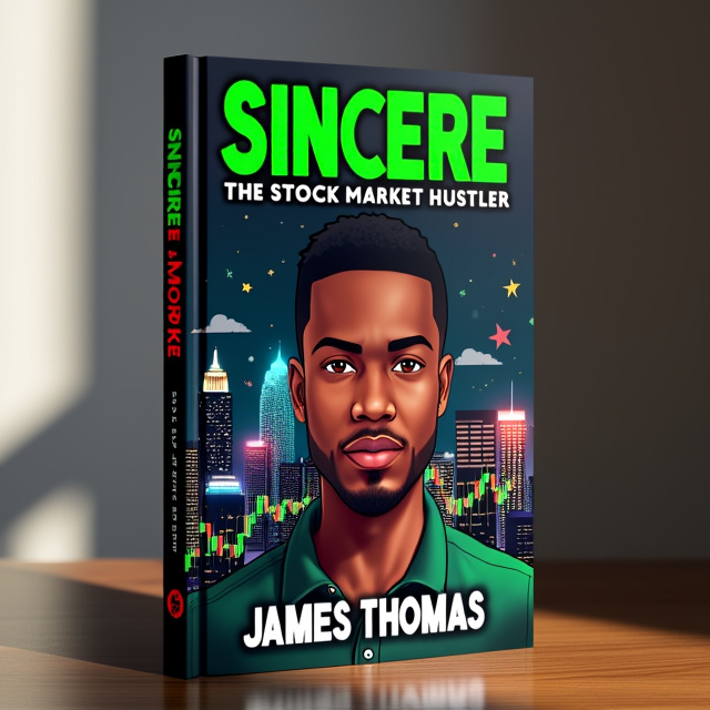 The cover features a close-up image of a young Black man, representing the main character, Sincere. He is shown looking determined, with a backdrop of a vibrant cityscape representing Atlanta. The image is overlaid with stock market-related symbols and charts, signifying his journey into the world of finance.