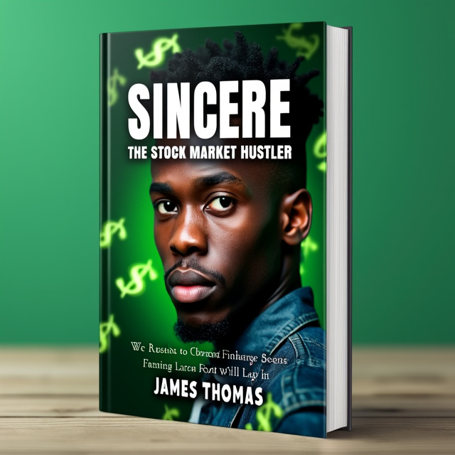 The cover features a close-up of a young Black man, with a determined look on his face, surrounded by a vibrant green background with scattered dollar signs. The title "Sincere The Stock Market Hustler" is prominently displayed at the top in bold white font, while the author's name appears at the bottom in a sleek black font.