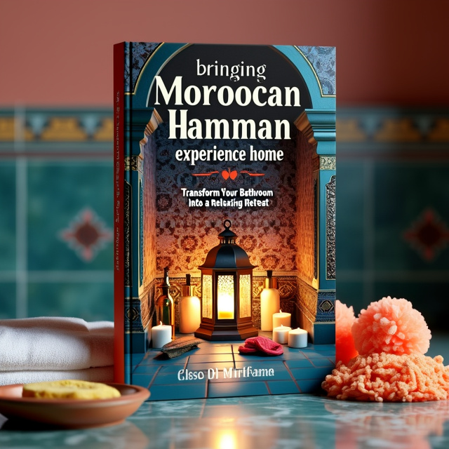 The cover features a steam-filled room with ornate Moroccan tiles in vibrant deep blues, rich reds, and gold accents. In the center, there is a traditional lantern casting a warm glow, surrounded by bath accessories such as scrubbing mitts and aromatic oils.