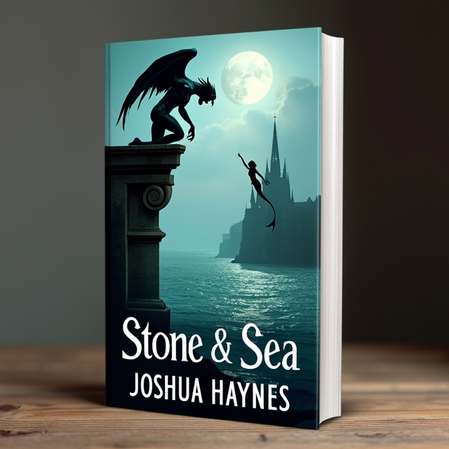 A gargoyle perched atop a cathedral reaching out to the sea, with a mermaid reaching up towards the cathedral. The gargoyle and mermaid are depicted in a realistic and detailed style, capturing the emotions of love, heartache, and longing.