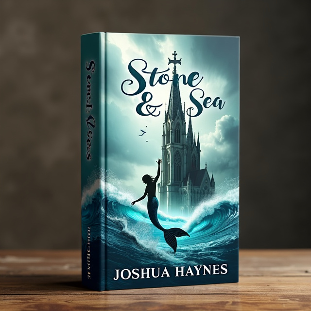 The cover features a mermaid swimming in the ocean, her outstretched arm reaching up towards a gargoyle perched on a towering cathedral. The scene is framed by crashing waves and a cloudy sky, evoking a sense of both the power and beauty of the sea.
