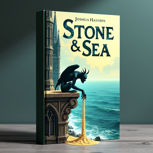 The cover features a stunning illustration of a gargoyle perched on the edge of a cathedral, overlooking the sea. As the gargoyle's hand touches the water, it starts turning into sand. The sea is depicted in shades of blue and green, with waves crashing against the shore. The cathedral is depicted in a gothic architectural style, with intricate details and towering spires.