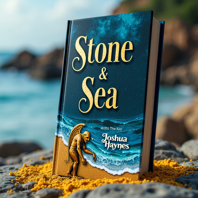 The cover features a gargoyle standing on a rocky shore, reaching down towards the sea. The gargoyle's body is partially transformed into sand, blending with the waves. The sea and sand are depicted in vibrant blues and golds, creating a sense of mystique and magic.