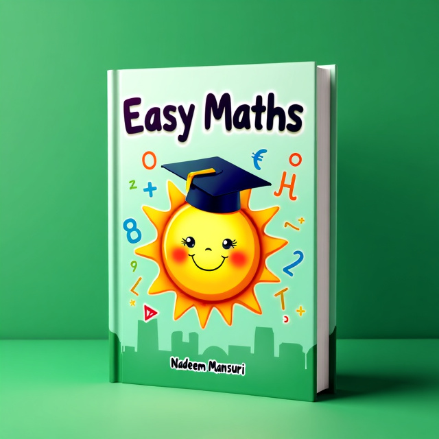 The cover features a playful illustration of a smiling sun wearing a graduation cap, surrounded by colorful mathematical symbols and equations. The title "Easy Maths" is prominently displayed in bold, child-friendly font at the top, with the author's name "Nadeem Mansuri" below it. The background is a vibrant shade of green, representing the book's primary color preference and adding a sense of freshness and optimism.