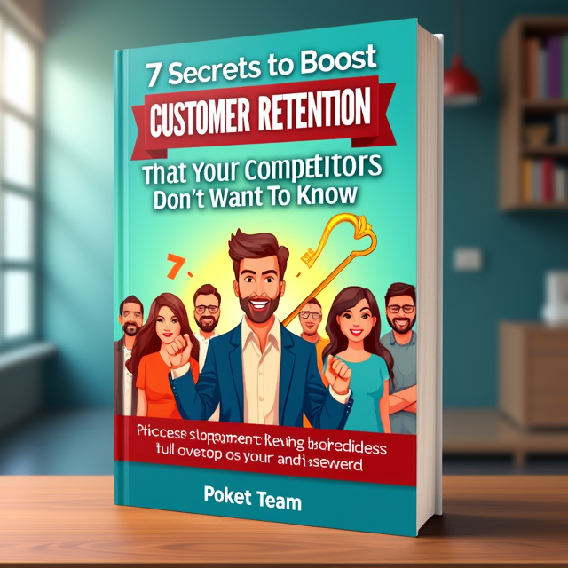 The cover features a vibrant and eye-catching illustration of a successful business owner surrounded by happy and loyal customers. The business owner is shown confidently holding a gold key representing the "7 Secrets" to boost customer retention. The customers are depicted in different age groups and backgrounds, highlighting the book's universal appeal.