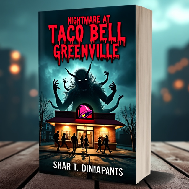 The cover features a dark and gritty cityscape with a dilapidated Taco Bell restaurant in the foreground. The sky is filled with ominous clouds, setting a dark and eerie atmosphere. In the center of the cover, there is a grotesque monster emerging from the restaurant, its tentacles reaching out towards the viewer. The monster is surrounded by terrified people running away in panic.