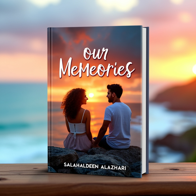 The cover features a couple sitting on a rocky cliff overlooking a beautiful ocean. The sunset paints the sky in shades of orange and pink, creating a romantic atmosphere. The girl has brown curly hair, and the man has short wavy hair. They are shown holding hands and looking lovingly into each other's eyes.