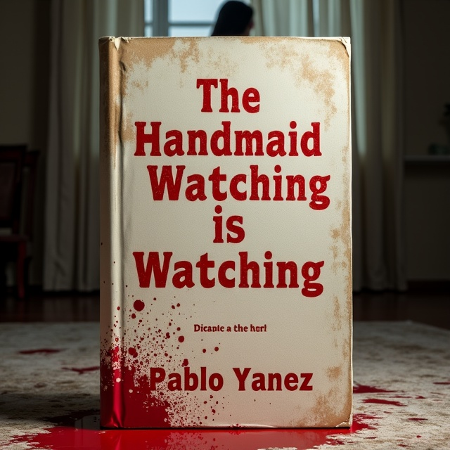The cover features a close-up view of a luxurious, cream-colored rug stained with blood in the foreground. Blood splatters can be seen on nearby furniture and walls, adding to the suspenseful atmosphere. In the background, the faint silhouette of a woman can be seen watching from a window, partially hidden by the curtains. The scene is dimly lit, creating a sense of danger and mystery.