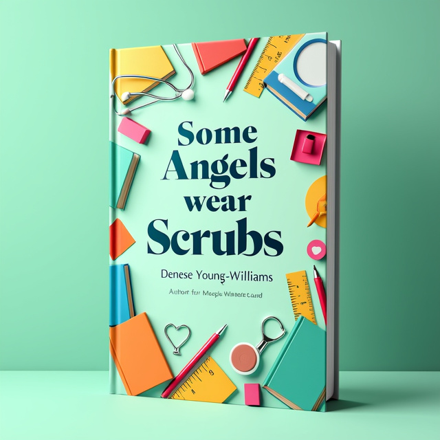 The cover features a light green background with a colorful border made up of various elements such as a book, pen, ruler, and eraser. The words "Some Angels wear Scrubs" are centered in the middle of the page.