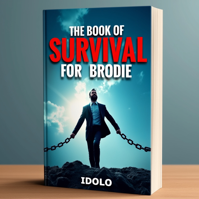 The cover features a bold image of a man breaking free from chains, symbolizing emancipation and freedom. The man exudes confidence and authority, representing the themes of empowerment and self-help. The image is set against a backdrop of a blue sky, representing hope and mental clarity. The title, "The Book of Survival for Brodie," is prominently displayed in red, emphasizing the importance and urgency of the content.