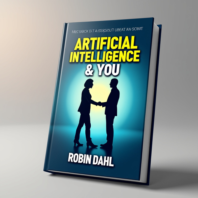 standing book mockup, Its title is "ARTIFICIAL INTELLIGENCE & YOU". Its author name is Robin Dahl.  The cover features a modern and sleek design with a background gradient of blue and yellow. In the center, two business people are depicted in silhouette, facing each other, representing the interaction between artificial intelligence and humans. The title of the book is displayed prominently at the top, with the author's name placed at the bottom. The title is displayed in a bold and modern font, with the words "ARTIFICIAL INTELLIGENCE" in yellow and "YOU" in blue. The author's name is written in a clean and professional font, placed in the lower part of the cover., The visual elements are arranged in a balanced and symmetrical layout, with the business people positioned in the center, and the title and author's name aligned at the top and bottom, respectively.
