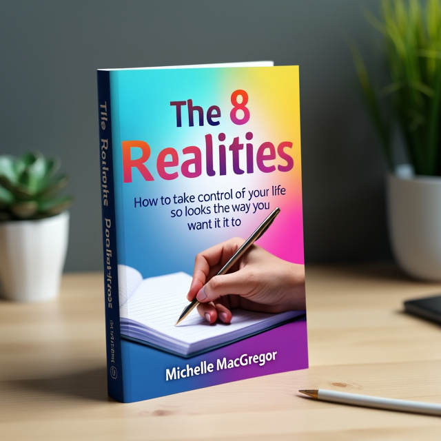 The cover features a close-up of a person's hand holding a pen, poised above a blank workbook. The workbook has the title "The 8 Realities" written on it, with the subtitle "How to take control of your life so it looks the way you want it to" underneath. The background is a gradient of vibrant colors, representing the excitement and anticipation of personal growth and transformation.