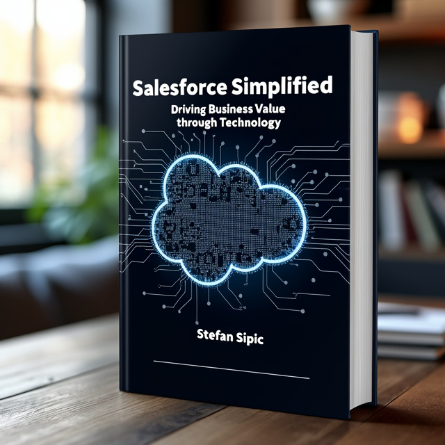 The cover features a glowly motherboard, reminiscent of a technology data flow chart, with intricate circuit patterns in black and gray. The title "Salesforce Simplified" is prominently displayed in bold white letters at the top, while the subtitle "Driving Business Value through Technology" appears below in a sleek and modern font. The author's name, Stefan Sipic, is placed at the bottom in a clean and professional style.