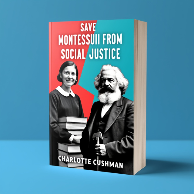 The cover features a split-screen composition. On the left side, there is an image of Maria Montessori, looking determined and holding a stack of books. On the right side, there is an image of Karl Marx, with a stern expression and holding a hammer and sickle. The images are arranged diagonally, symbolizing the conflict between the two ideologies.